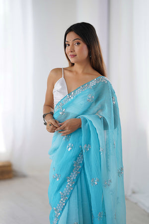 Sky Blue Chiffon Shaded Crush Sequins And Moti And Cutdana Work Saree With Blouse Piece