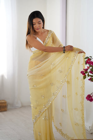 Yellow Chiffon Shaded Crush Sequins And Moti And Cutdana Work Saree With Blouse Piece