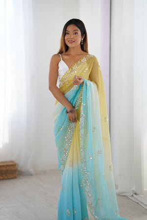 Multi Colour Chiffon Shaded Crush Sequins And Moti And Cutdana Work Saree With Blouse Piece