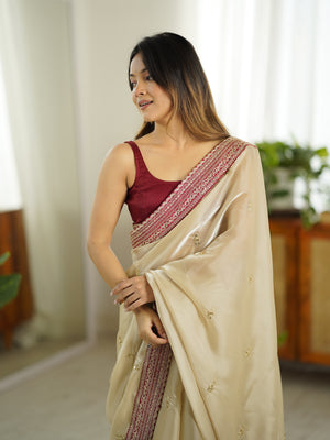Chiku Jimmy Chu Sequins And Zari Embroidery Work Paired With Cording Sequins Lace Border Saree With Blouse Piece