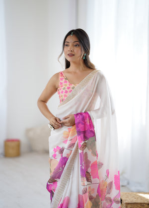 Multi Colour Sattin Chiffon With Hand Print Daimond And Cutdana Work Saree With Blouse Piece