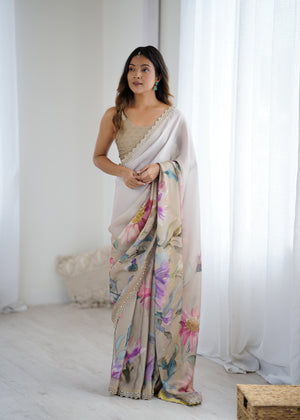 White Sattin Georgette With Hand Print Daimond And Cutdana Work Saree With Blouse Piece