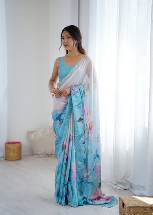 Sky Blue Sattin Georgette With Hand Print Daimond And Cutdana Work Saree With Blouse Piece