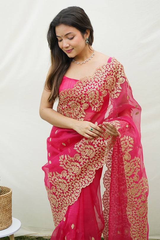 Pink Organza Saree with Pink Blouse Piece Pink Organza Saree with Pink Blouse Piece