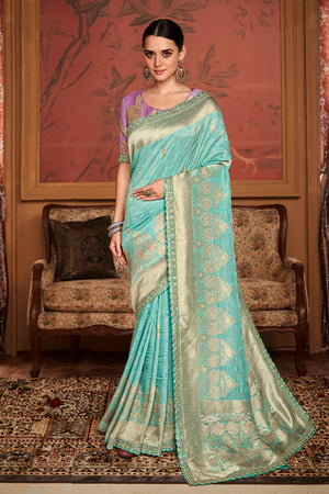 Sky Blue Soft Pure Dola silk Saree With Blouse Piece