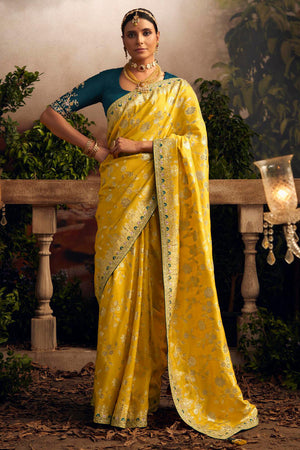 Yellow Viscose Dola Silk Saree With Blouse Piece