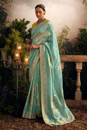Sky Blue Viscose Dola Silk Saree With Blouse Piece