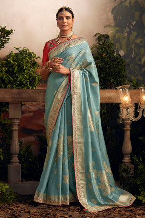 Sky Blue Viscose Dola Silk Saree With Blouse Piece