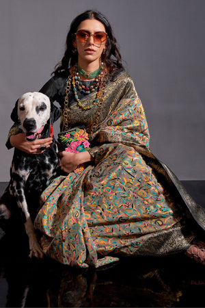 Grey Banarasi Pashmina Kashmiri Modal Silk Saree With Blouse Piece