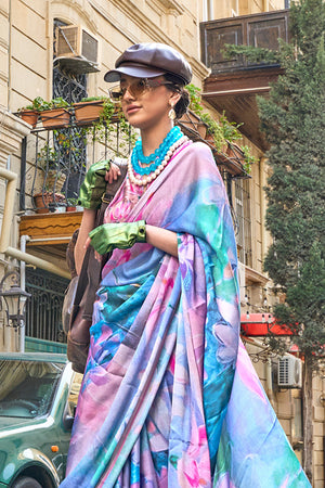 Multicolor Blue Satin Printed Saree With Blouse Piece