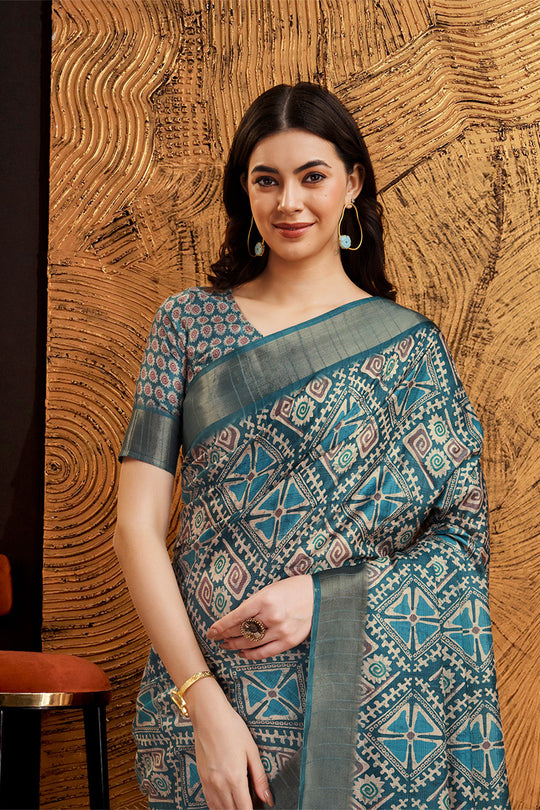 Grey Silk Geometric Printed Zari Saree Grey Silk Geometric Printed Zari Saree