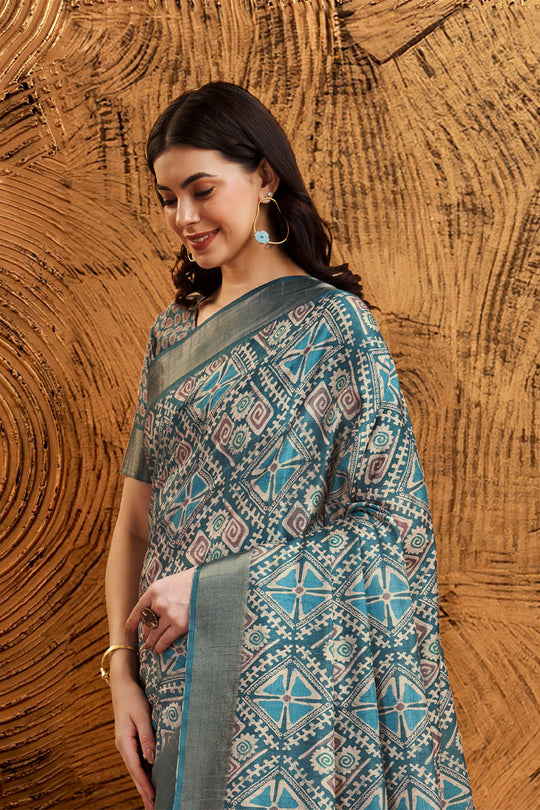Grey Silk Geometric Printed Zari Saree Grey Silk Geometric Printed Zari Saree