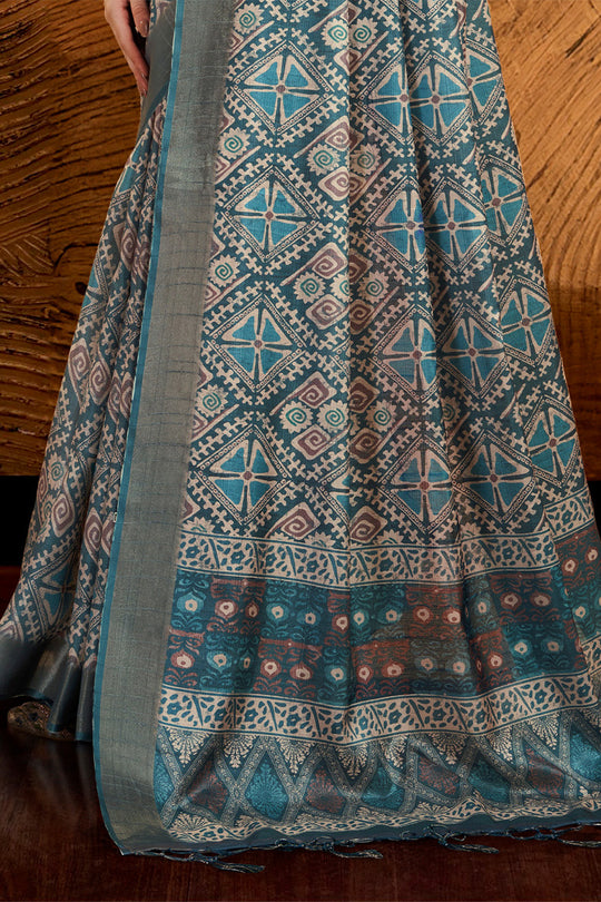 Grey Silk Geometric Printed Zari Saree Grey Silk Geometric Printed Zari Saree