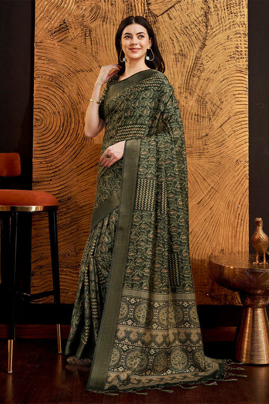 Green Silk Ethnic Motifs Printed Saree Green Silk Ethnic Motifs Printed Saree
