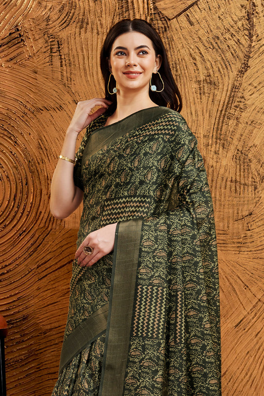 Green Silk Ethnic Motifs Printed Saree Green Silk Ethnic Motifs Printed Saree