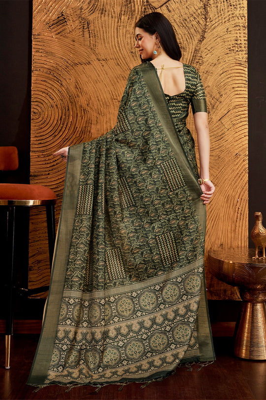 Green Silk Ethnic Motifs Printed Saree Green Silk Ethnic Motifs Printed Saree