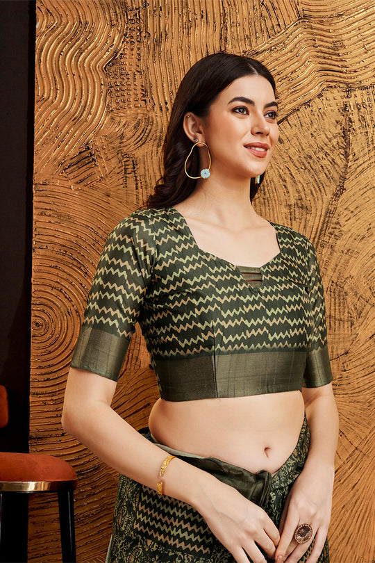 Green Silk Ethnic Motifs Printed Saree Green Silk Ethnic Motifs Printed Saree