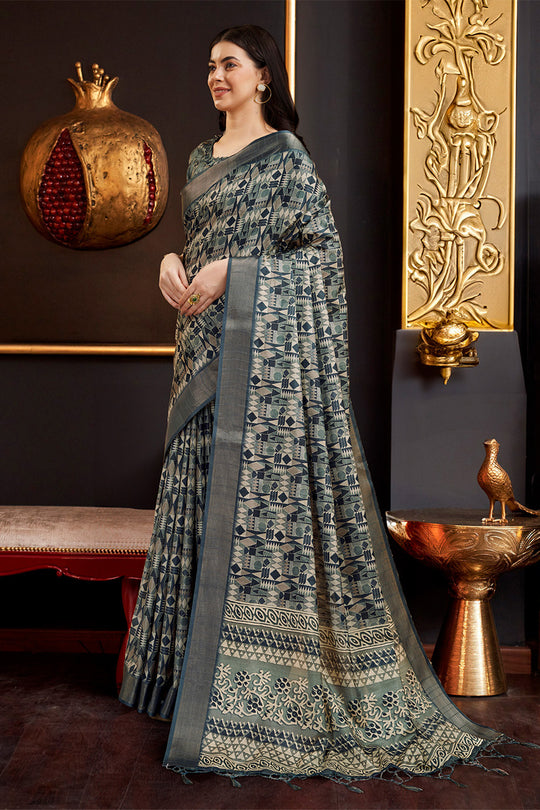Grey Silk Geometric Printed Zari Saree Grey Silk Geometric Printed Zari Saree