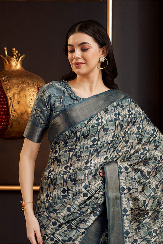 Grey Silk Geometric Printed Zari Saree Grey Silk Geometric Printed Zari Saree