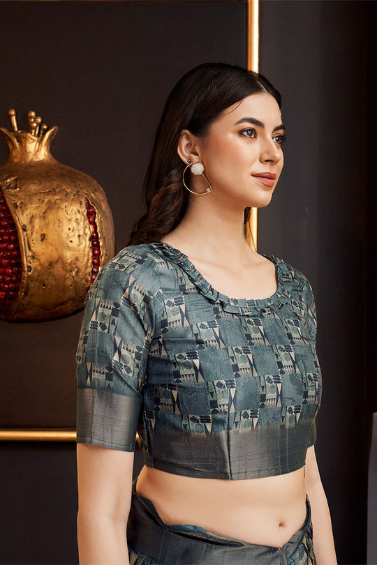Grey Silk Geometric Printed Zari Saree Grey Silk Geometric Printed Zari Saree