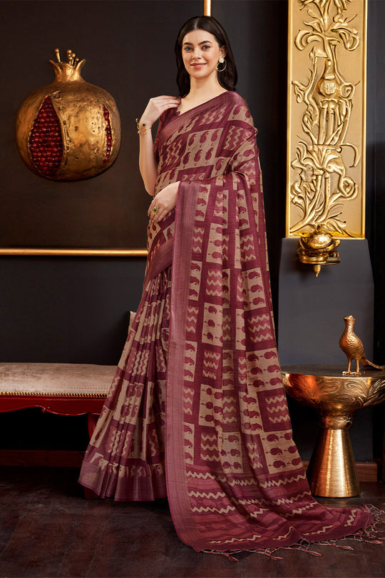 Maroon Silk Paisley Printed Saree Maroon Silk Paisley Printed Saree