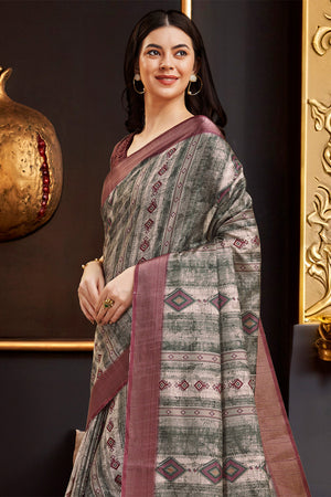 Dark Green & Maroon Silk Ethnic Motifs Printed Saree