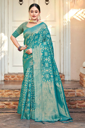 Turquiose Cotton Saree With Blouse Piece