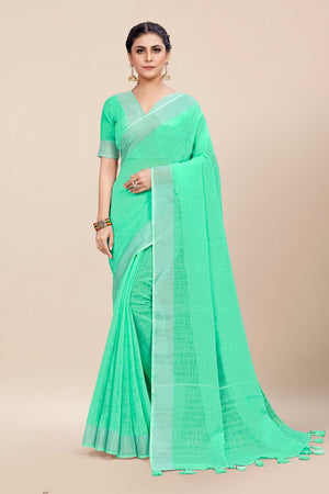 Womens Linen Blend Green Saree With Blouse Piece