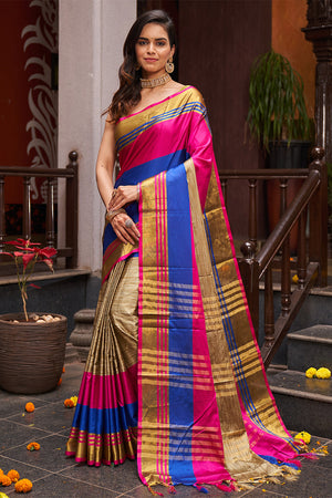 Womens Silk Pink And Chiku Saree With Blouse Piece