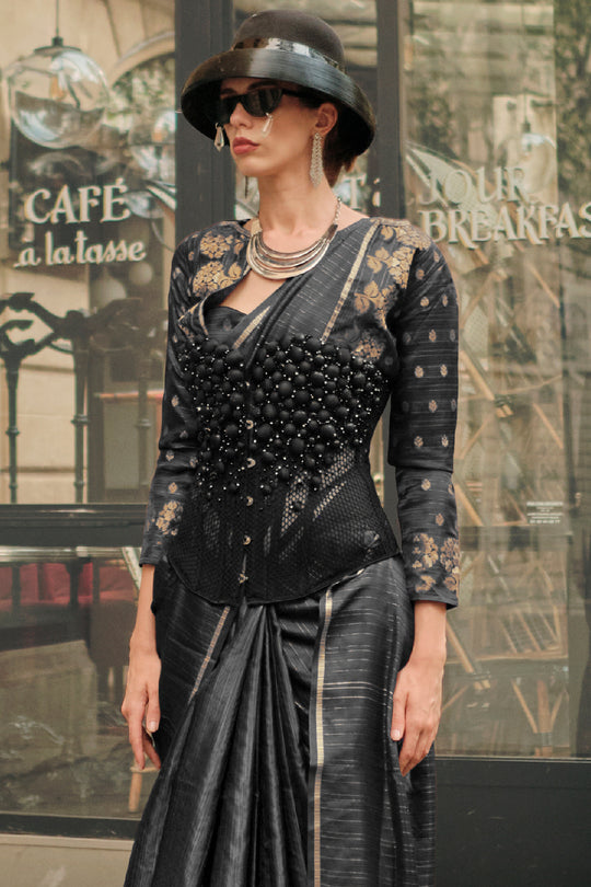 Black Satin Silk Saree Black Satin Silk Saree