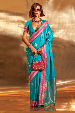 Teal Blue Banarasi Silk Saree With Blouse Piece