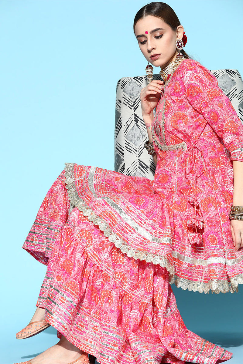 Ishin Women's Cotton Pink Embroidered A-Line Kurta Sharara Dupatta Set