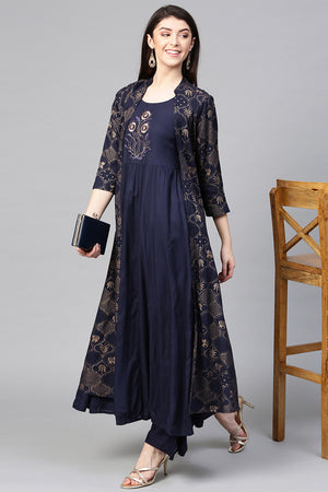 Women's Rayon Navy Blue Kurta Palazzo Set With Jacket