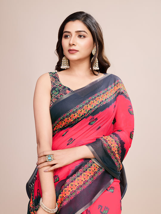 Pink Linen Blend Saree With Blouse Piece Pink Linen Blend Saree With Blouse Piece