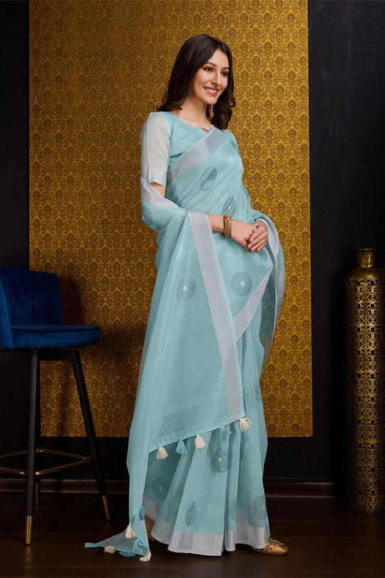 Blue Linen Blend Silk Saree With Blouse Piece Blue Linen Blend Silk Saree With Blouse Piece