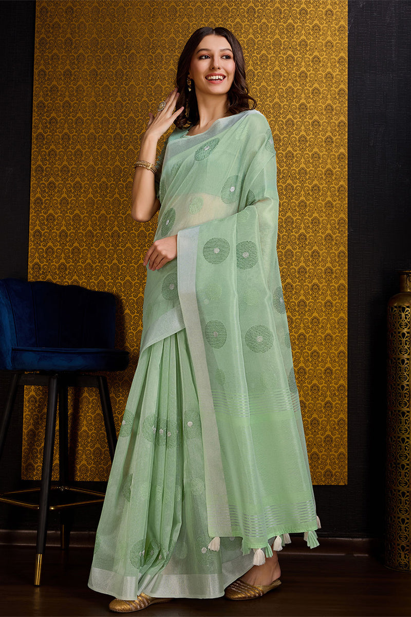 Women's Linen Blend Light Green Printed Designer Saree With Blouse Piece