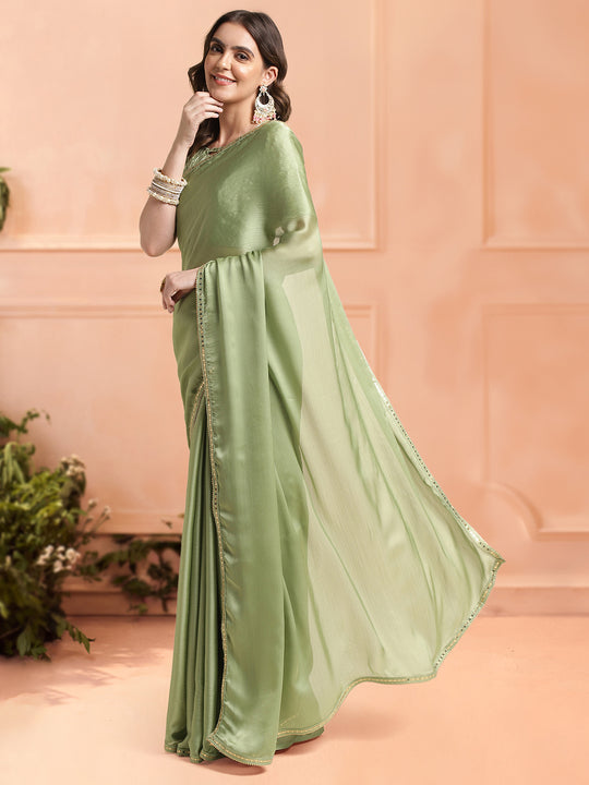 Sea Green Chiffon Ready To Wear Saree With Blouse Piece Sea Green Chiffon Ready To Wear Saree With Blouse Piece