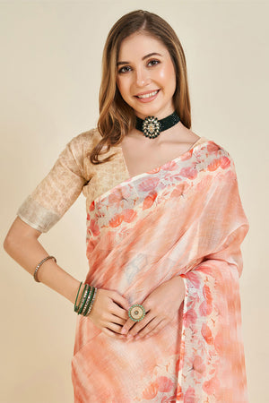 Peach Linen Blend Saree With Blouse Piece