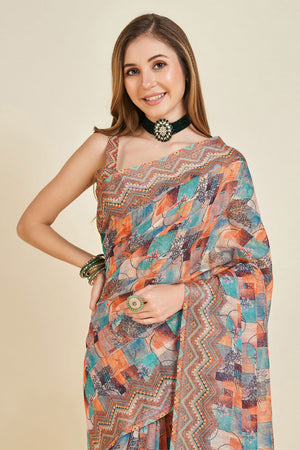Multi Color Linen Blend Saree With Blouse Piece