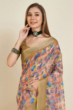 Multi Color Linen Blend Saree With Blouse Piece