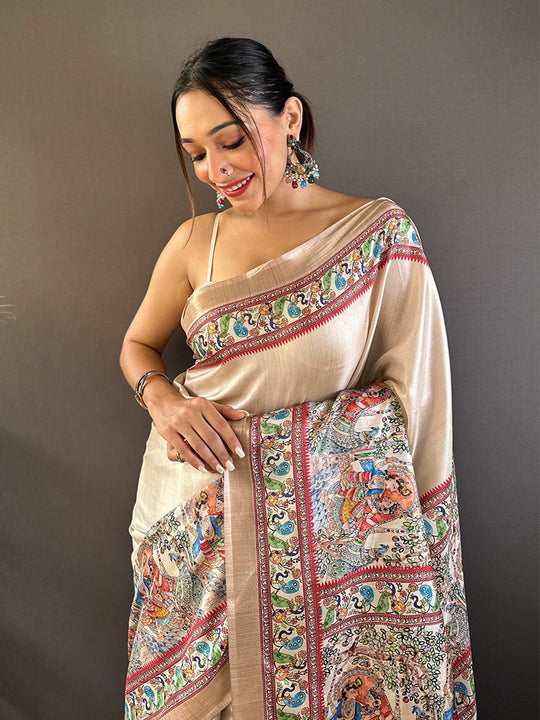 Cream Tussar Silk Saree With Blouse Piece Cream Tussar Silk Saree With Blouse Piece