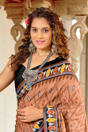 Orange Pure Mulmul Cotton Ikkat Hand Block Print Saree With Blouse Piece