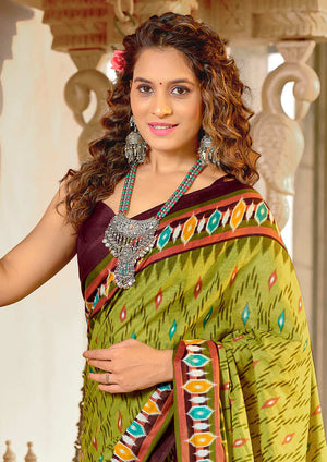 Lime Green Pure Mulmul Cotton Ikkat Hand Block Print Saree With Blouse Piece