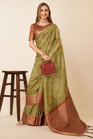 Beige Dola Silk Bandhani Printed Zari Saree