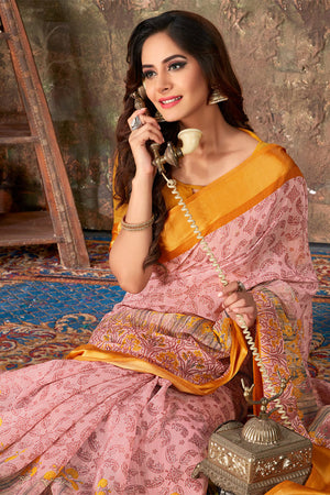 Peach Cotton Saree With Blouse Piece