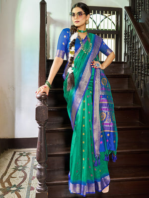 Green Raw Silk Festive Wear Saree With Blouse Piece