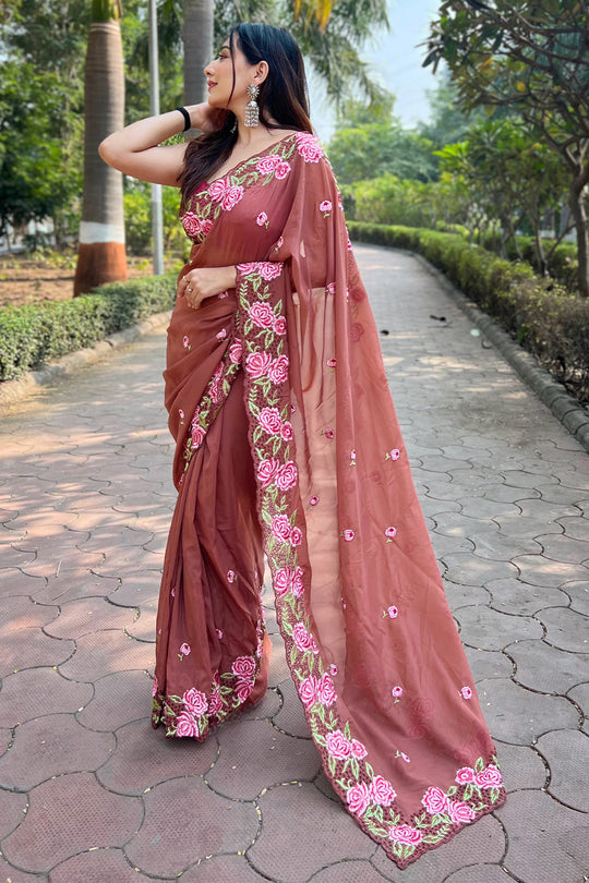 Brown Georgette Saree with Pink Blouse Piece Brown Georgette Saree with Pink Blouse Piece