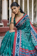 Teal Silk Cotton Saree With Blouse Piece Teal Silk Cotton Saree With Blouse Piece