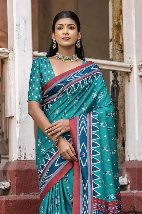 Teal Silk Cotton Saree With Blouse Piece Teal Silk Cotton Saree With Blouse Piece