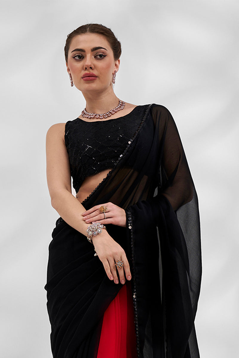 Black and White Georgette Triangle Saree with Blouse Fabric